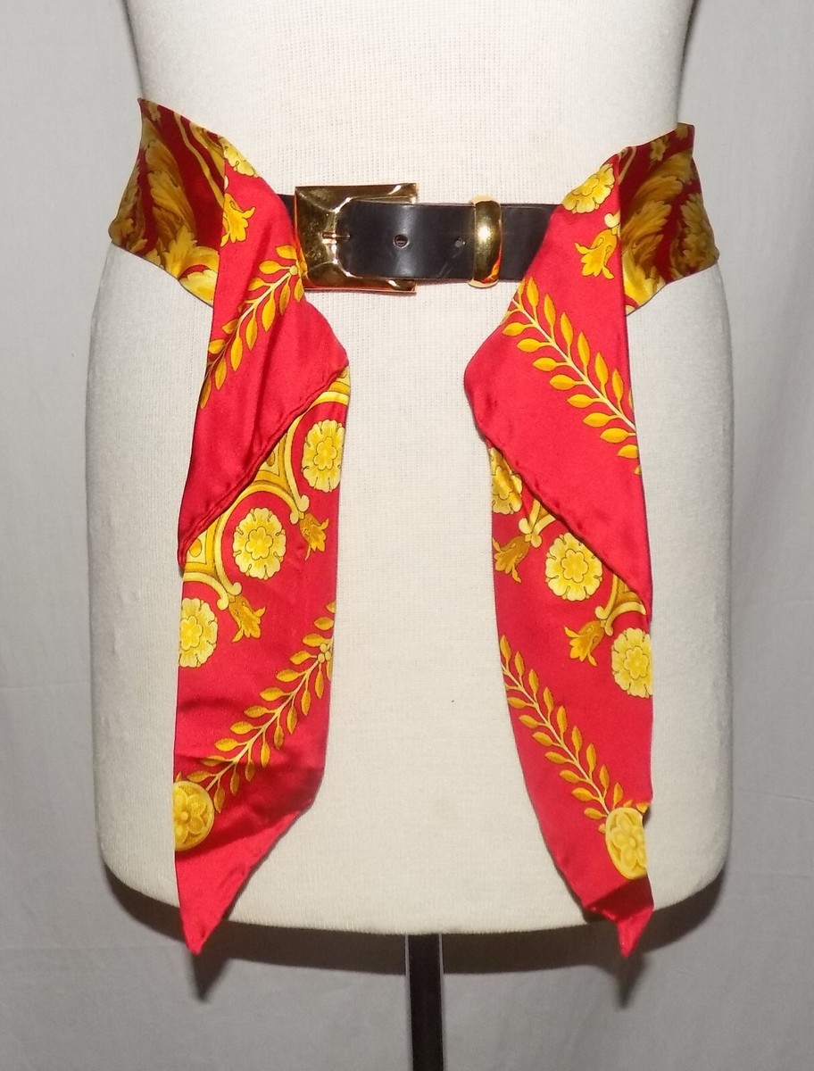 Gianni Versace Scarf Belt Red/Gold Barocco Print w/Medusa