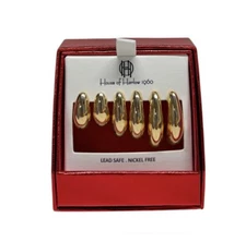 House Of Harlow 1960 3 Pair Gold Tear Drop Semi Hoop Earrings New in Box