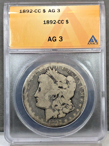 1892-CC U.S $1 Morgan Silver Dollar ANACS AG3 ~ Carson City Coin