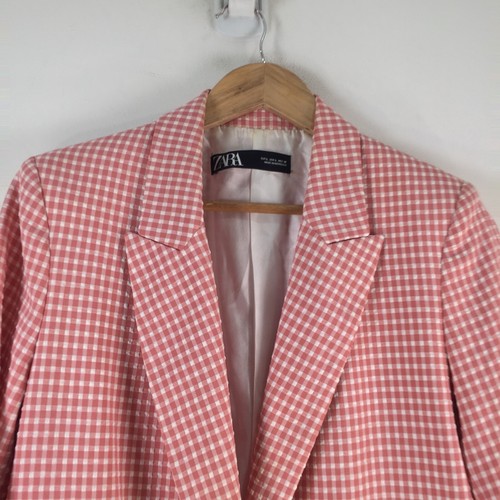 Zara womens blazer jacket L aus 12 pink check long sleeve chic smart 112631 - Picture 2 of 10