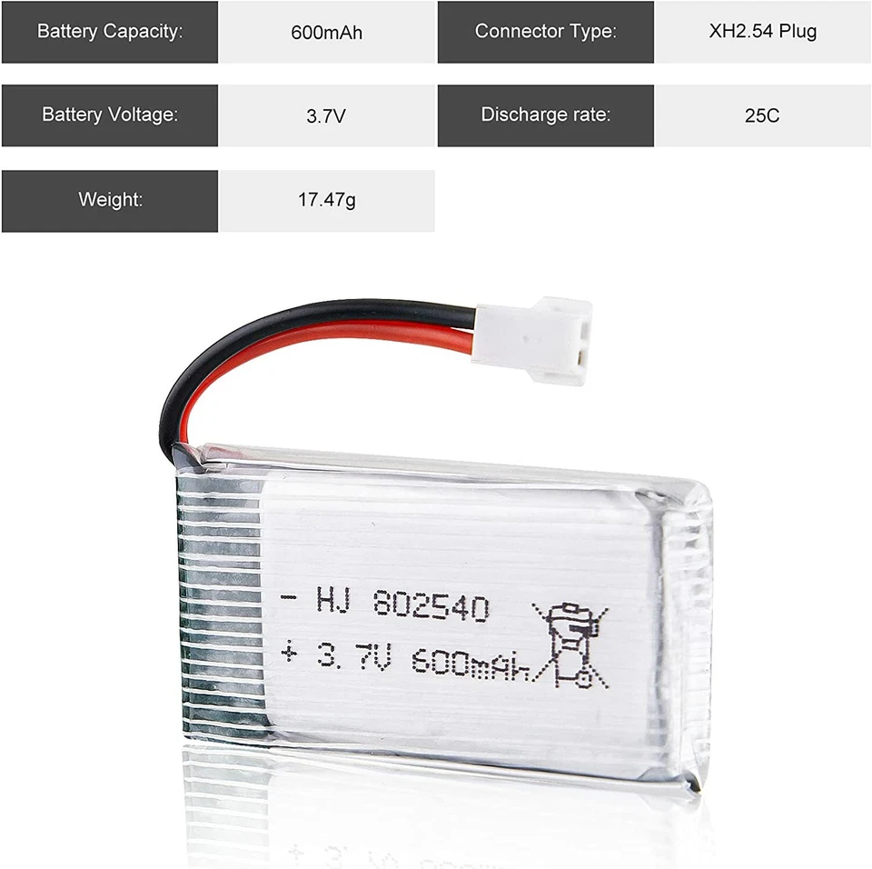 16x 600mAh 3,7V 1S 25C Lipo-akku XH2.54 Stecker mit USB Ladekabel für RC Drohne - Bild 3 von 4
