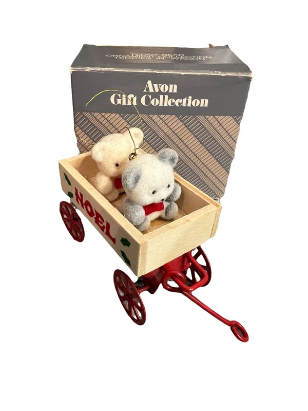 Vintage Avon Teddies in Wagon Christmas Ornament Gift Collection Flocked Has Box