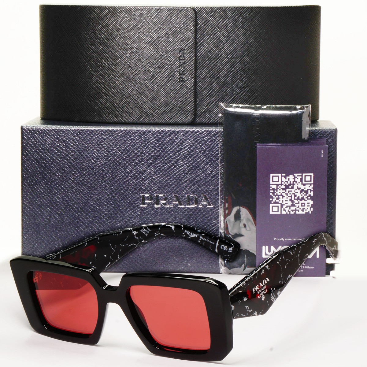 Prada Sunglasses Black Red Mirror Marble Square Triangle