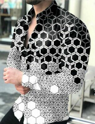 Button Down Shirt Men Hexagon Gradient Black White Contrast Long Sleeve Casual