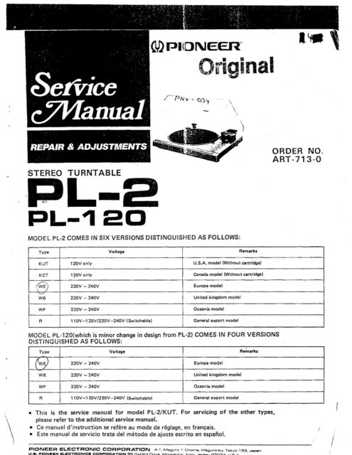 Service Manual Instructions for Pioneer PL-2 PL-120