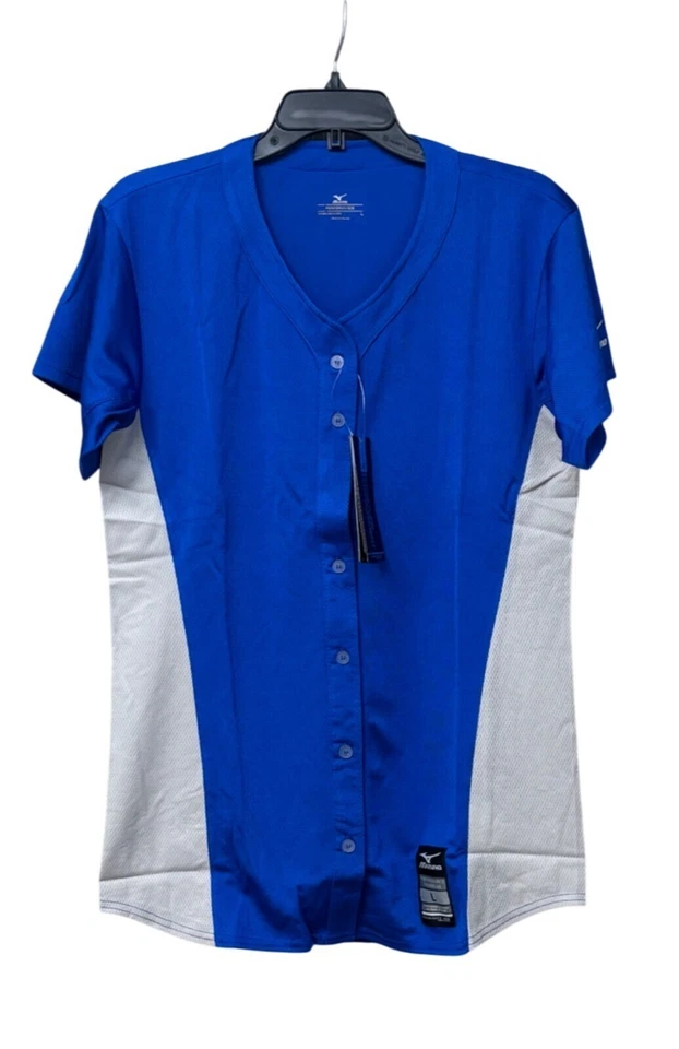 Camiseta deportiva profesional de juego de softbol con botones completos Mizuno para mujer, 350581, azul real/gris XL Foto 2 de 4