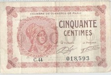 FRANCE BANKNOTE CHAMBRES DE COMMERCE DE PARIS 50 CENTIMES 10.03.1920 F