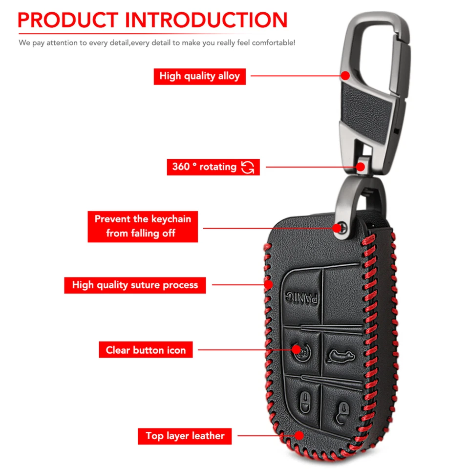 For Chrysler Dodge Jeep Fiat 5 Button Remote LEATHER Key Fob Silicone Case Cover - Image 3 of 4