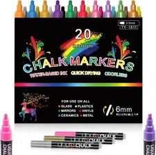 Liquid Chalk Markers 20-Pack 6mm Tip Neon Color Non-Toxic Quick-Drying, Washable