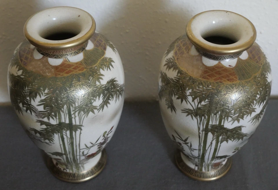 Antique Japanese Satsuma Ware Porcelain Kizan Shimazu Vases Pair Asian O G2U - Image 2 of 4