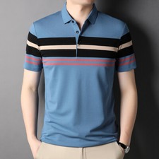 ZONBAILON Summer Men's Casual Versatile Stripe Loose Short Sleeve Polo Shirt