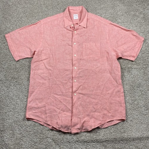 Brooks Brothers Button Up Shirt 100% Linen Men’s Large Pink Salmon Short Sleeve - Picture 2 of 8
