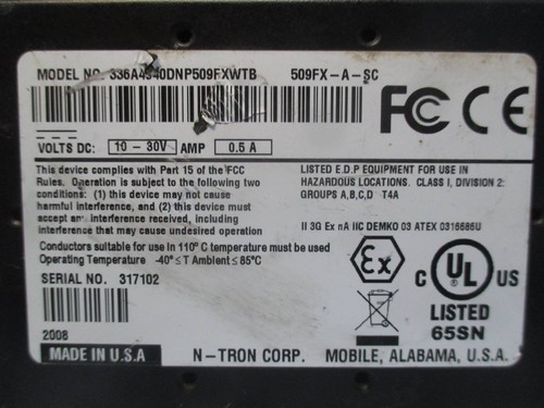 N-Tron 509FX-A-SC Model 336A4940DNP509FXWTB Ethernet Switch Series 500 - Picture 2 of 6