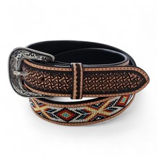 Southwestern Navajo Rodeo Tan Tooled Leather Multi Color Beaded Belt Size 36