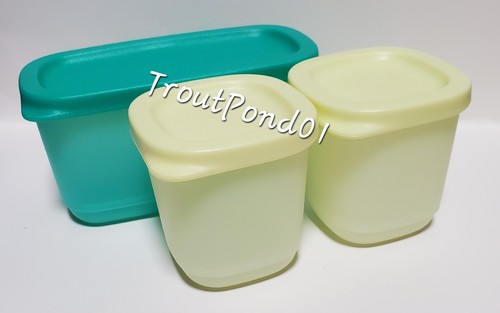 Tupperware Basic Brillante Cuadrado Redondo Mini Verde + Verde azulado Almacenamiento Nevera Snack Set - Imagen 3 de 4
