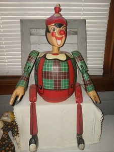 VINTAGE CARVED WOOD  Pinocchio 1950s vintage, "19"-"20" , Disney,  antique 
