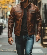 Men's Real Lambskin Leather Biker Brown Quilted Cafe Racer Winter Jacket for Men