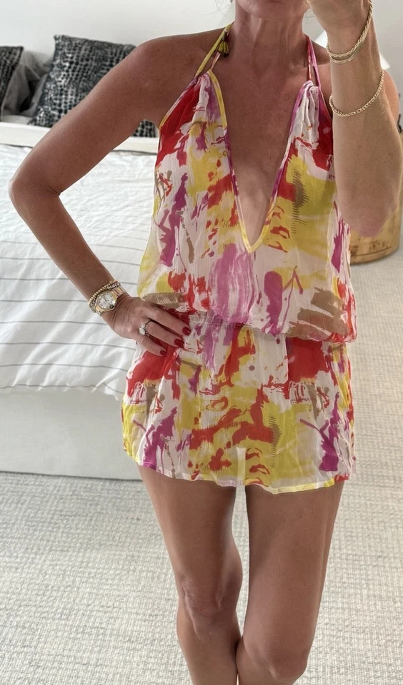 Ropa de resort transparente 100 % seda OndadeMar M – Encubrimiento/top estampado acuarela Foto 2 de 4