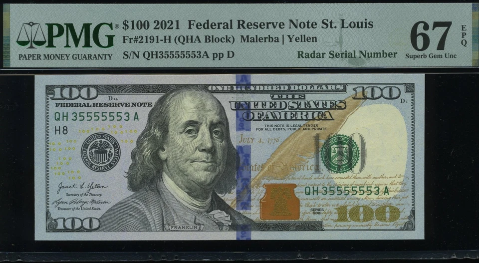 PAIR 2021 $100 FRN QH35555555-35555553A P.M.G #67EPQ - Image 3 of 4