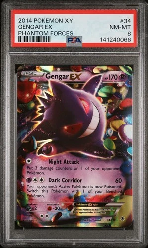 2014 POKEMON XY PHANTOM FORCES #34 GENGAR EX PSA 8