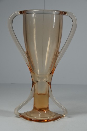 Vintage Fostoria Glass Vase Art Deco Pink/Peach Trophy Double Handle Glass