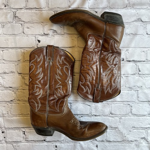Western Cowboy Boots Brown Leather Made In USA Unisex Womens Size 9 Cowgirl