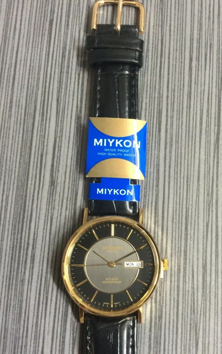 Miykon Gold Men s Watch Round Black Grey Date Dial on Black Leather Band New