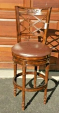 Frontgate Brown Wood Leather Seat Kitchen BAR Height Counter Chair Barstool 