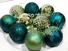 Christmas Peacock Teal Emerald Green 2.5" Glitter Shatterproof Ornaments 10pc