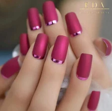Matte Pink French Press On Nails Long Square False Glue On Tips Fake Nails Set