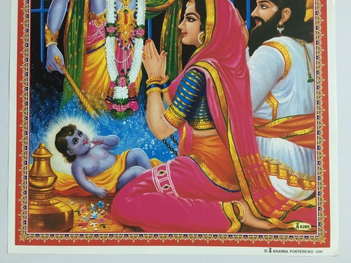 India Religious Print BIRTH OF KRISHNA, VISHNU BLESSING 9in x 11.50in (6285) - Imagen 4 de 5