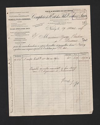 NANCY, Rechnung 1927, R. Weill Fils & Gendres Comptoir de l'Est des Fils