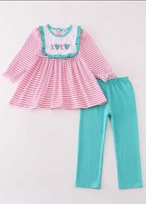Girl's Boutique Pink Stripe Valentine Heart XOXO Embroidery Embroidered Pant Set