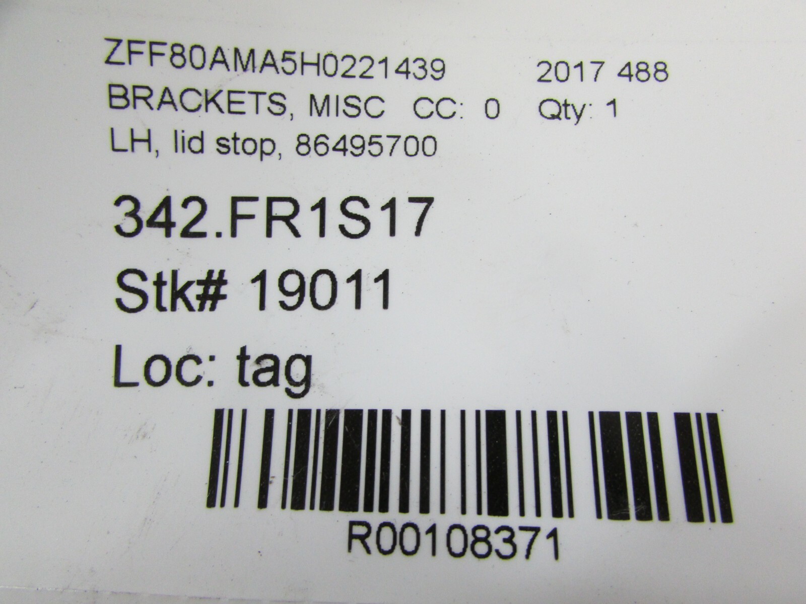 Ferrari 488, LH, Left Lid Stop Bracket, Used, P/N 86495700