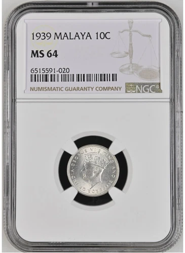 MALAYA 10 Cents 1939, NGC MS 64 Choice UNC / BU Full Luster First Date KGVI. A4