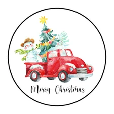 30 1.5" CHRISTMAS SNOWMAN TRUCK FAVOR LABELS ROUND STICKERS ENVELOPE SEALS