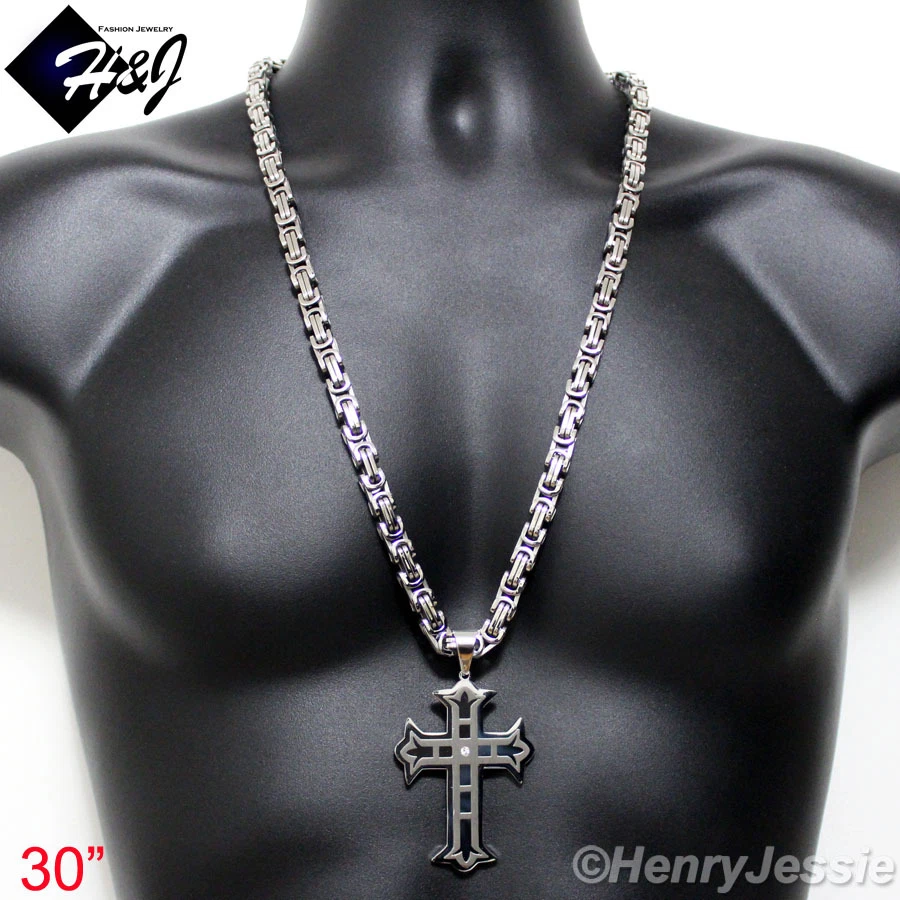 30"MEN Stainless Steel 9mm Silver Byzantine Box Link Chain CZ Cross Pendant*L5 image 1