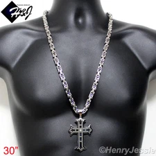 30"MEN Stainless Steel 9mm Silver Byzantine Box Link Chain CZ Cross Pendant*L5