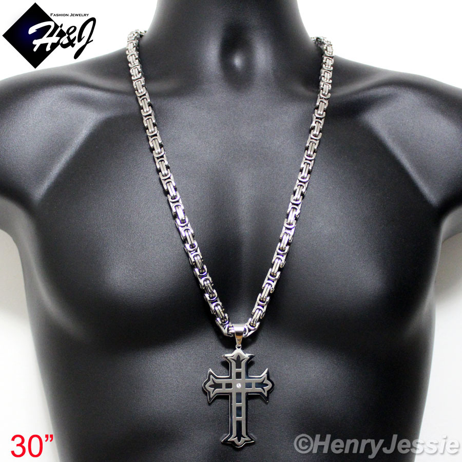 30"MEN Stainless Steel 9mm Silver Byzantine Box Link Chain CZ Cross Pendant*L5