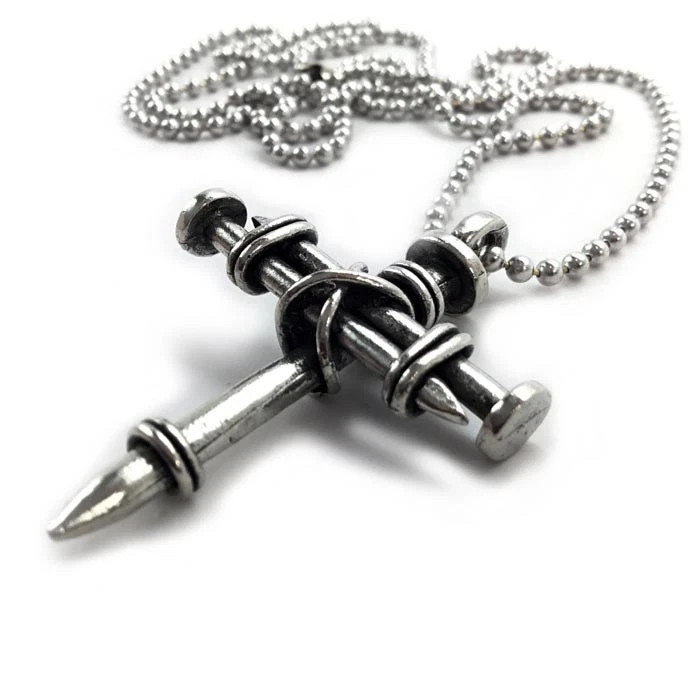 Nail Cross Necklace with Wrapped Wire Accent Silver Pewter Gift Box