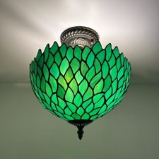 Tiffany Style Ceiling Lights Fixture Green Stained Glass Leaves 12  W 12  D 12  H