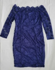Auxo Women Off Shoulder Dress Floral Lace L/S Bodycon Mini Pencil Blue XL/ UK 14