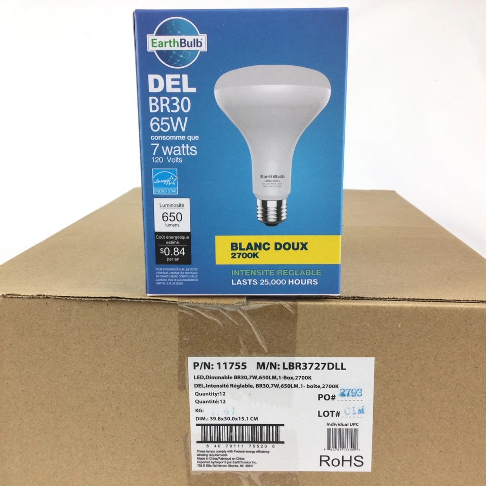 NEW EarthBulb LED Light Bulbs BR30 65W 650Lm Soft White 2700k Dimmable 12 Pk LOT - Image 2 of 4