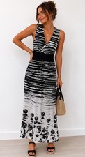 Forever 21 Womens M Black White Maxi Dress Sleeveless Empire Waist Resort Boho