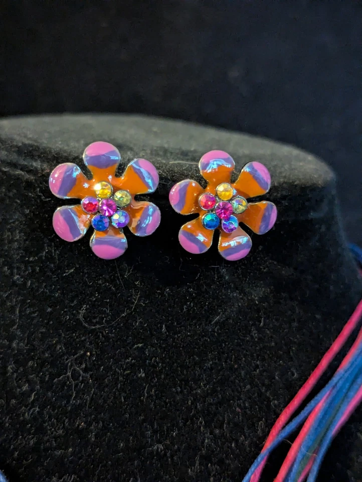 Purple & Pink Enamel Large Flower Multi-String Necklace & Earrings w/ Crystals - Image 4 of 4