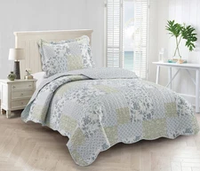 Multi Blue and Beige Floral Patchwork, 2-Piece Quilt Set with 1 Sham, Reversible