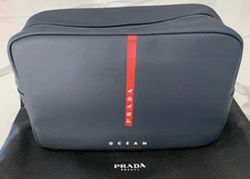 Prada Luna Rossa Ocean Pouch Dark Blue Navy Faux Leather Shaving Dopp Bag New
