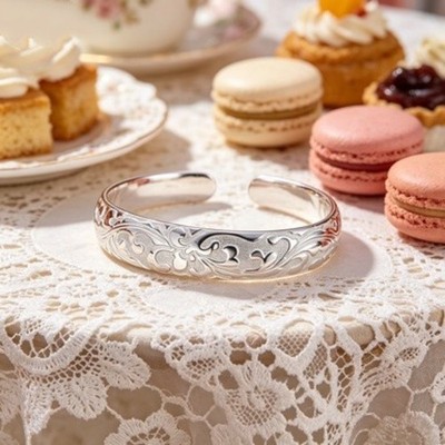 2 Pcs Floral Engraved Cuff Bangle Bracelets for Women Fashion Jewelry Gift