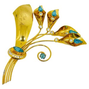 Authentic Vintage STERLING silver gold plated vermeil glass topaz massive flower brooch