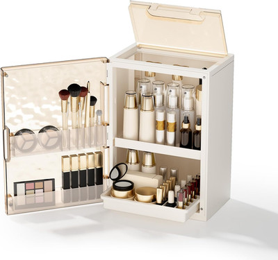 Makeup Organizer with Drawers and Lid, Large Skincare Organizer for Vanity, Dust